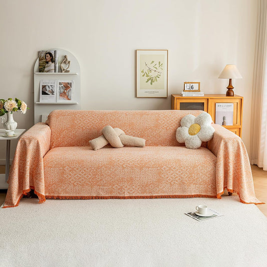 STACYPIK Boho Sofa Cover for Pets, Orange Geometric Couch Cover for 3 Cushion Sofa, Washable Dogs Protector for Living Room, Anti-Slip Sectional Covers for Loveseat with Tassel Throw Blanket-71X150IN