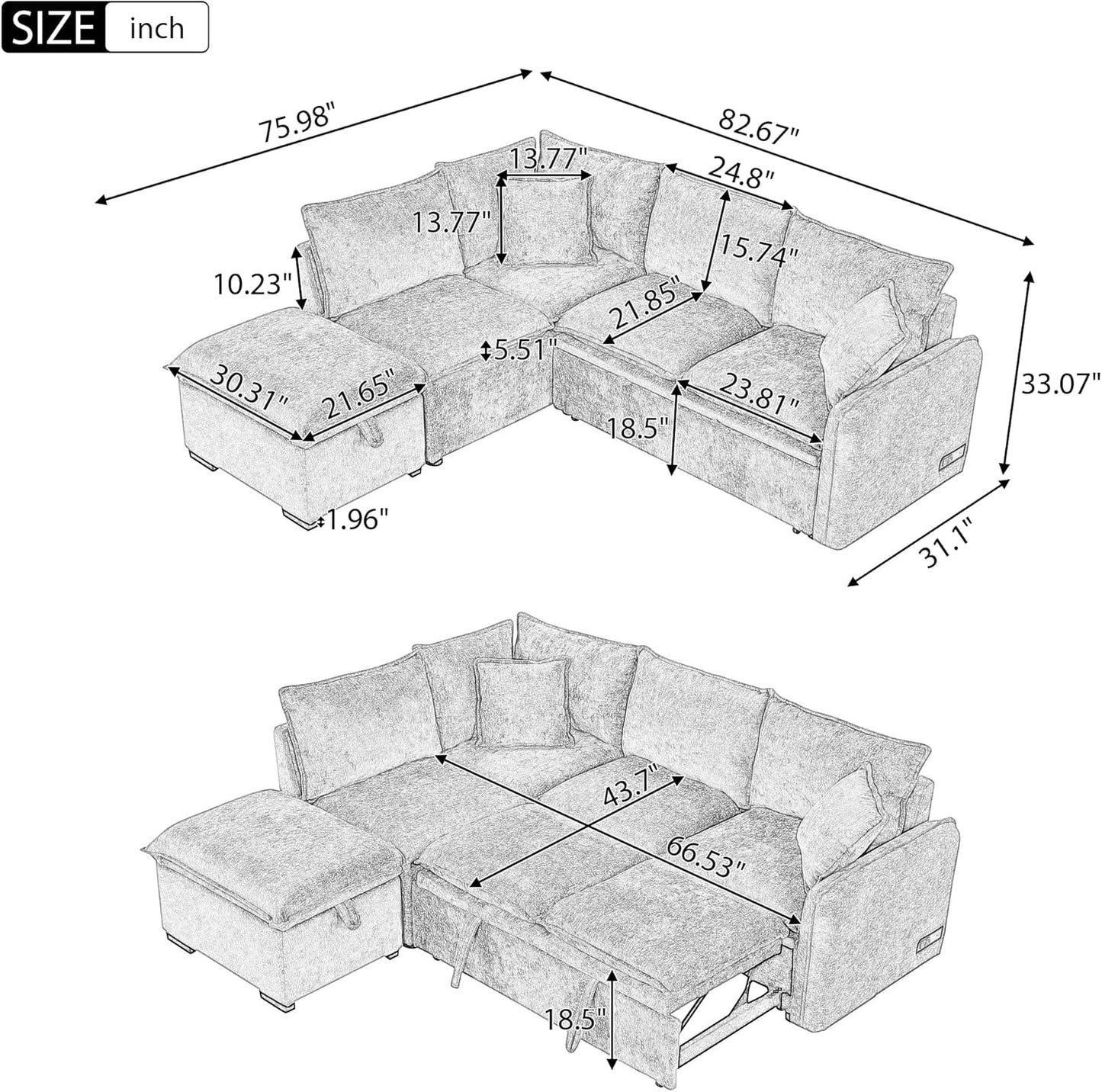 Ball & Cast 82.67" L-Shaped Sectional Pull Out Sofa with Two USB Ports,4-Seater Convertible Couch w/Power Sockets and Movable Storage Ottoman,for Living Room,Apartment,Green
