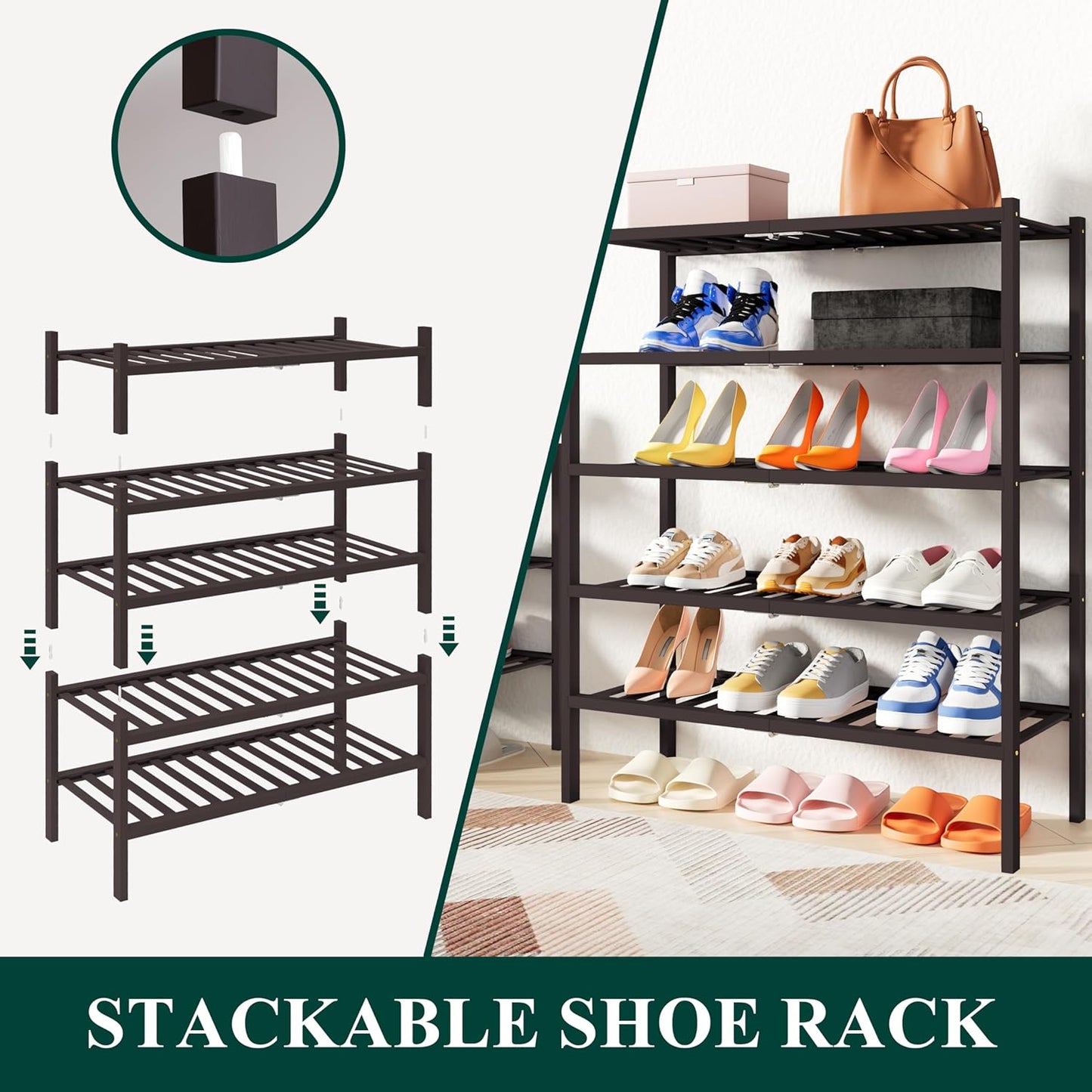 Smiry Shoe Rack, 4 Tier Thick Bamboo Shoe Organizer, Stackable Free Standing Wooden Shoe Storage Shelf for Closet, Entryway, Front Door Entrance, Brown