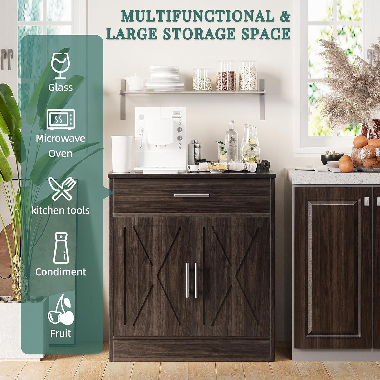 Shintenchi Farmhouse Storage Cabinets with Doors and Shelves,Kitchen Barn Door Storage Cabinet with Drawers,Coffee Bar Cabinet Buffest Sideboard for Dining Living Room,Bathroom,Entryway,Dark Brown