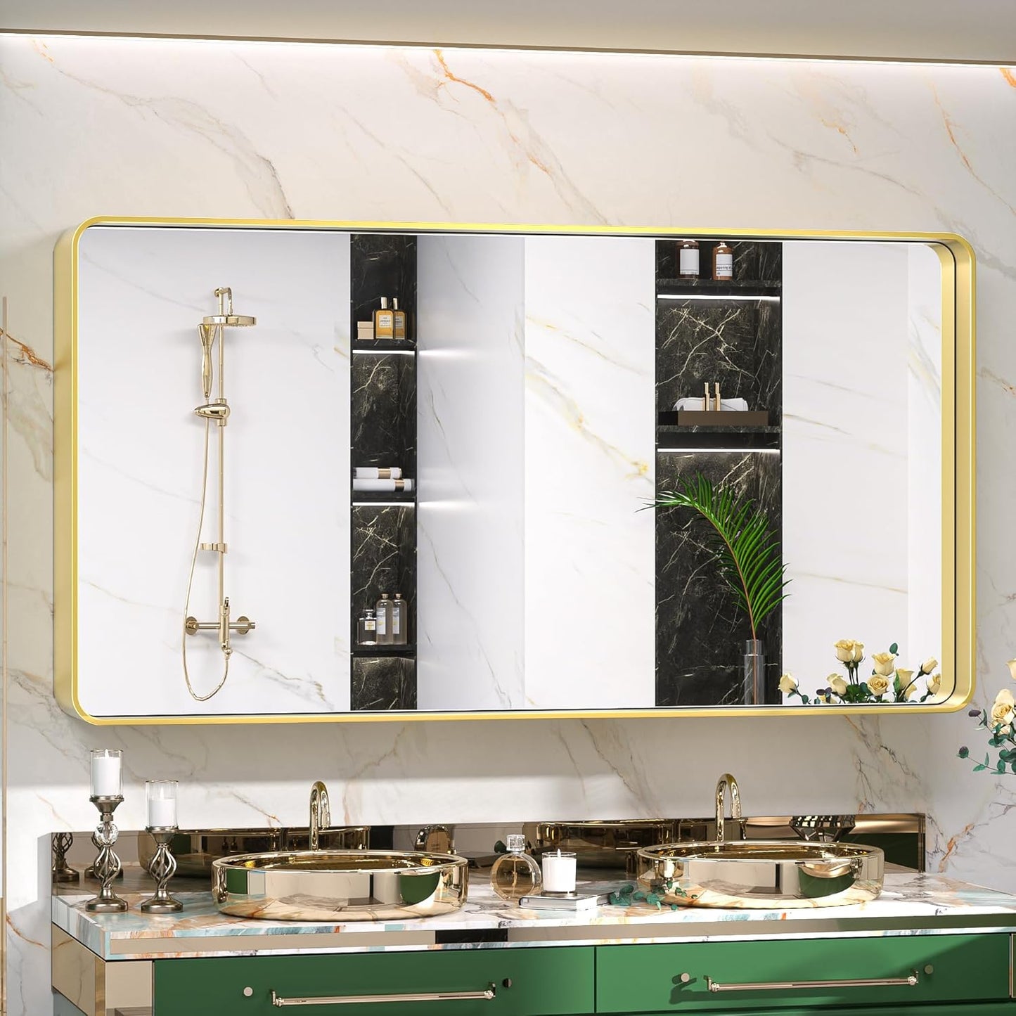 TokeShimi Bathroom Vanity Mirror 48 x 24 Inch Gold Metal Frame Round Corner Rectangular for Home Decor Living Room Entryway (Horizontal/Vertical)