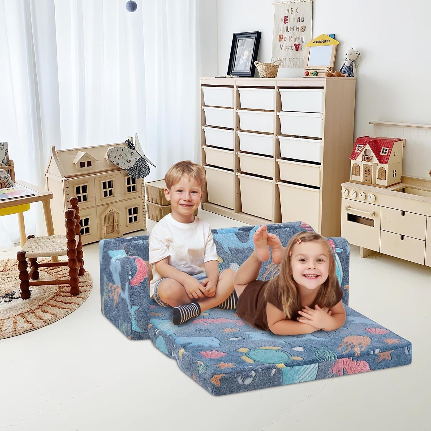 Kids Couch Extra Large,Glow in The Dark 2-in-1 Folding Kids Sofa Bed for Boys,2 Seats Convertible Sleeper Lounger Toddler Couch for Children Bedroom Playroom Nursery,Marine