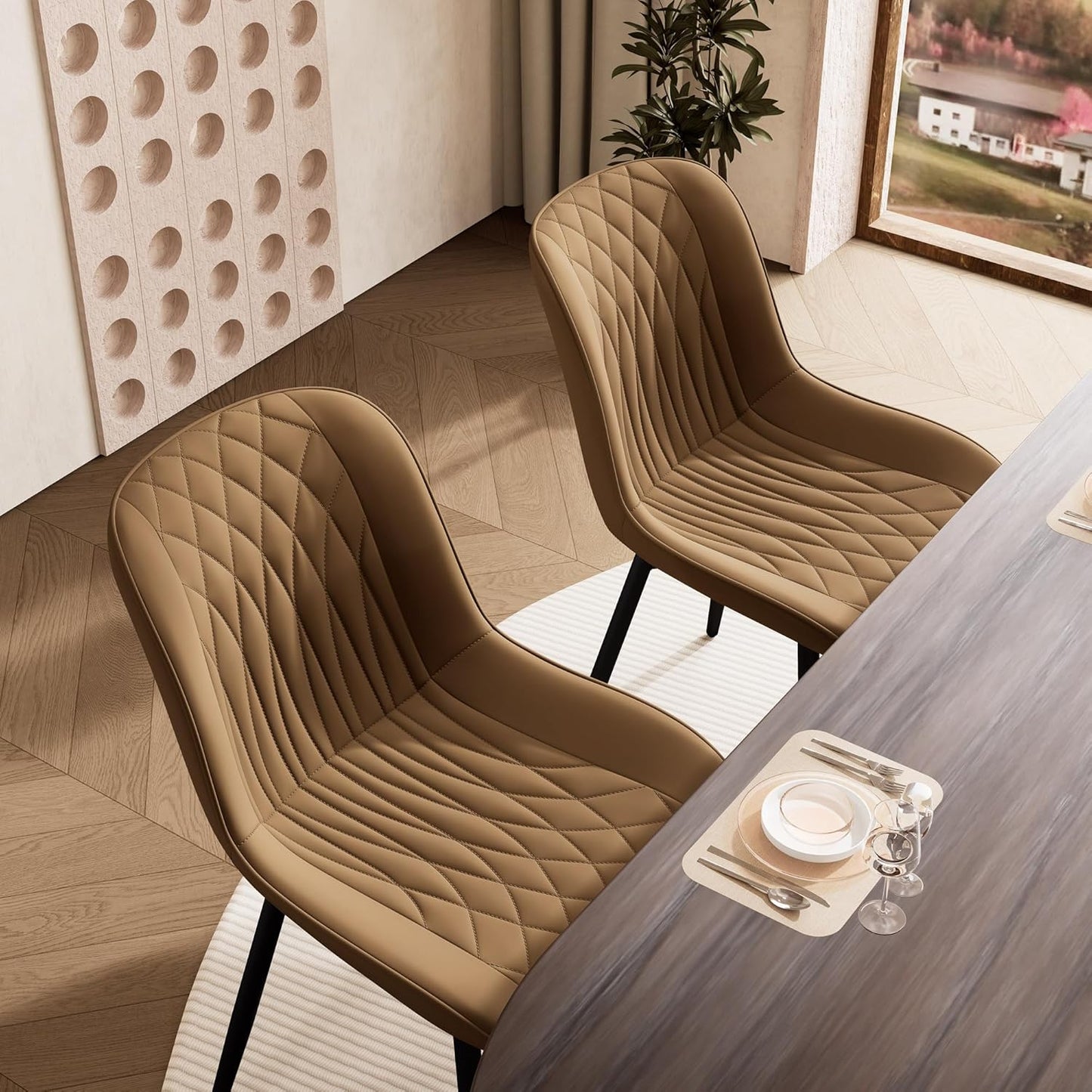 YOUNIKE Tan Dining Chairs Set of 2 with High Backs Mid Century Modern Kitchen & Dining Room Chairs PU Faux Leather Upholstered Comfortable Wide Seat Padded Accent Side Chair for Living Waiting Room