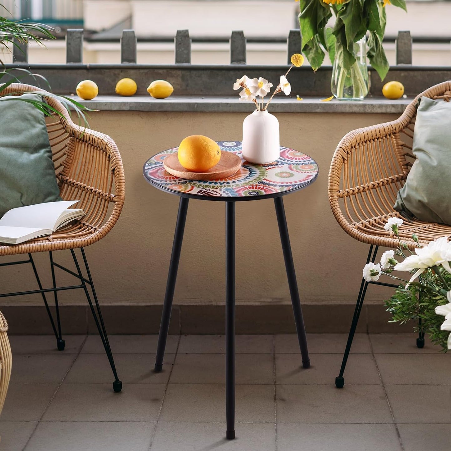 1 Pack Metal Mosaic Round Side Table 13.4" Small End Corner Tables for Patio Round Accent Garden Table for Small Spaces for Garden, Balcony, Plant Stand Indoor Outdoor