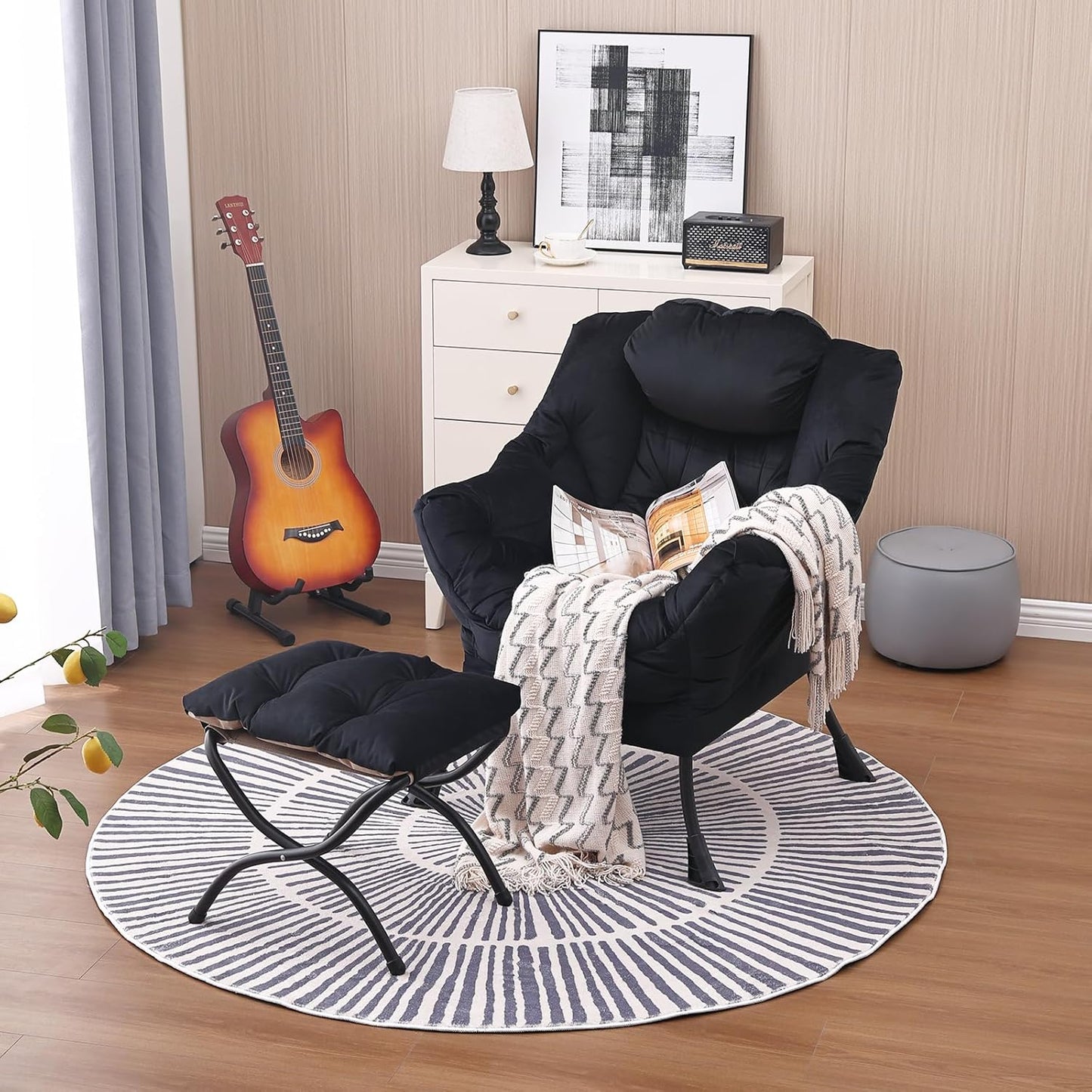 Lazy Chair and Ottoman, Large Accent Lounge Chair with Armrests and a Side Pocket, Modern Leisure Upholstered Sofa Reading Armchair with Footrest for Bedroom, Living Room, Dorm Rooms, Office