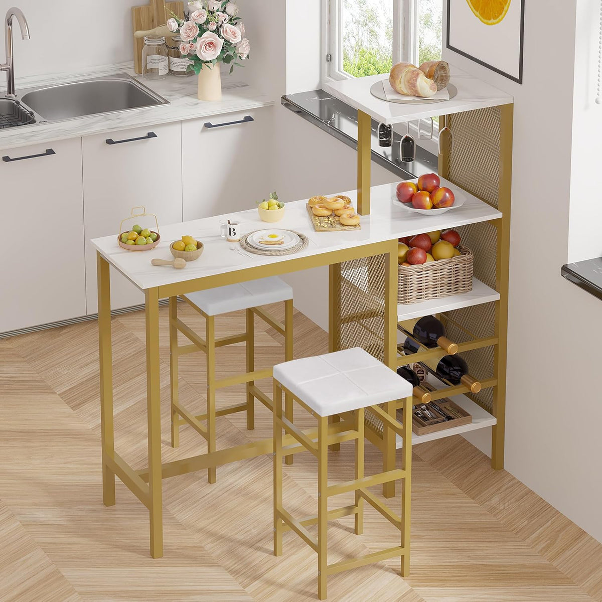 VECELO Bar Table and Chairs Set for 2, 3-Piece Dining Set with Storage Shelves, Cup Holder & Wine Rack, PU Leather Cushion Stools, for Kitchen Small Space, Gold