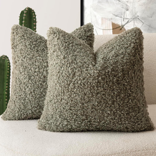 Foindtower 2 Pieces 18x18 Inch Sage Green, Faux Fur Throw Pillow Cover Accent Sherpa Pillow Fuzzy Soft Pillowcases Sheepskin Decorative Fleece Cushion Case for Bed Couch Living Room
