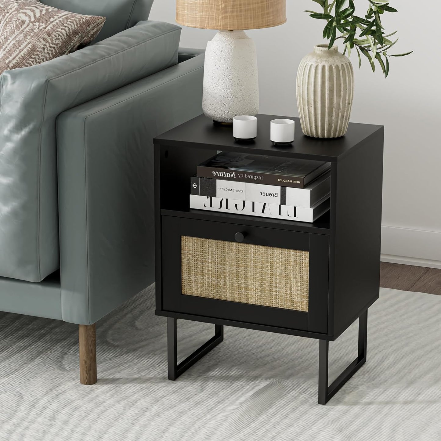 Masupu Rattan Nightstand,Boho Night Stand Modern Farmhouse Wood Bedside Table with Storage Drawer and Open Shelf,Side End Table for Bedroom,Living Room,Office Black