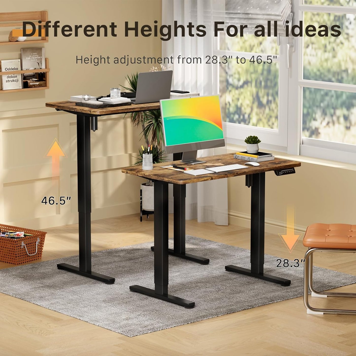 JOY worker Small Electric Standing Desk, 40" x 20" Whole Piece Height Adjustable Table with Memory Controller, Black Sit to Stand Desk Workstation for Home Office, Rustic Brown