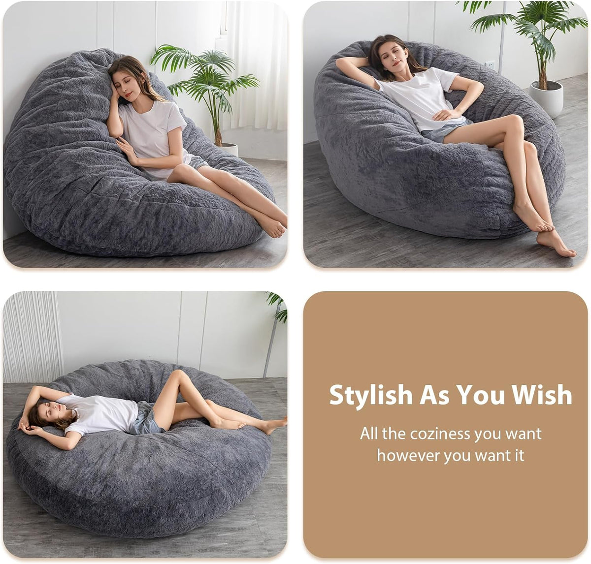 BYBYME 3 in 1 Bean Bag Chair, Convertible Chair Folds from Bean Bag to Lounger, High-Density Foam Filling, Faux Fur Big Sofa Bed, Giant Bean Bag Chair Bed for Adults