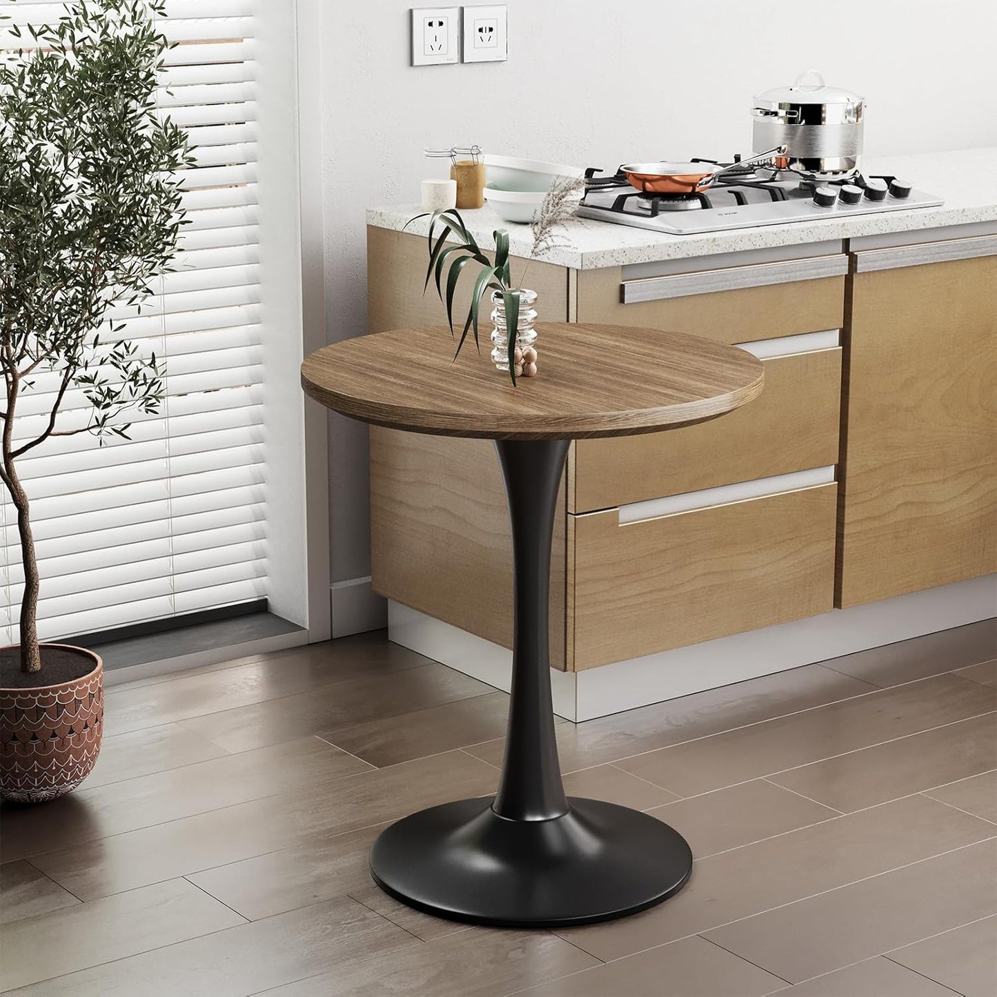 24" Small Tulip Table for 2 Person, Walnut Wood Round Dining Table for Kitchen, Mid Century Modern Table with Metal Pedestal Base for Cafe, Pub, Bar, Living Room, Bar, 24 inch Circle Bistro Tables