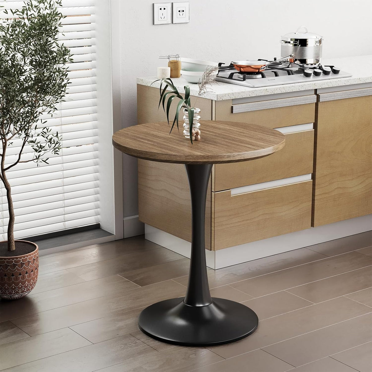 24 inch Small Tulip Table for 2 Person, Walnut Round Dining Table for Kitchen, Leisure Wood Mid Century Modern Table with Metal Pedestal Base for Cafe, Living Room, Bar, Circle Bistro Tables