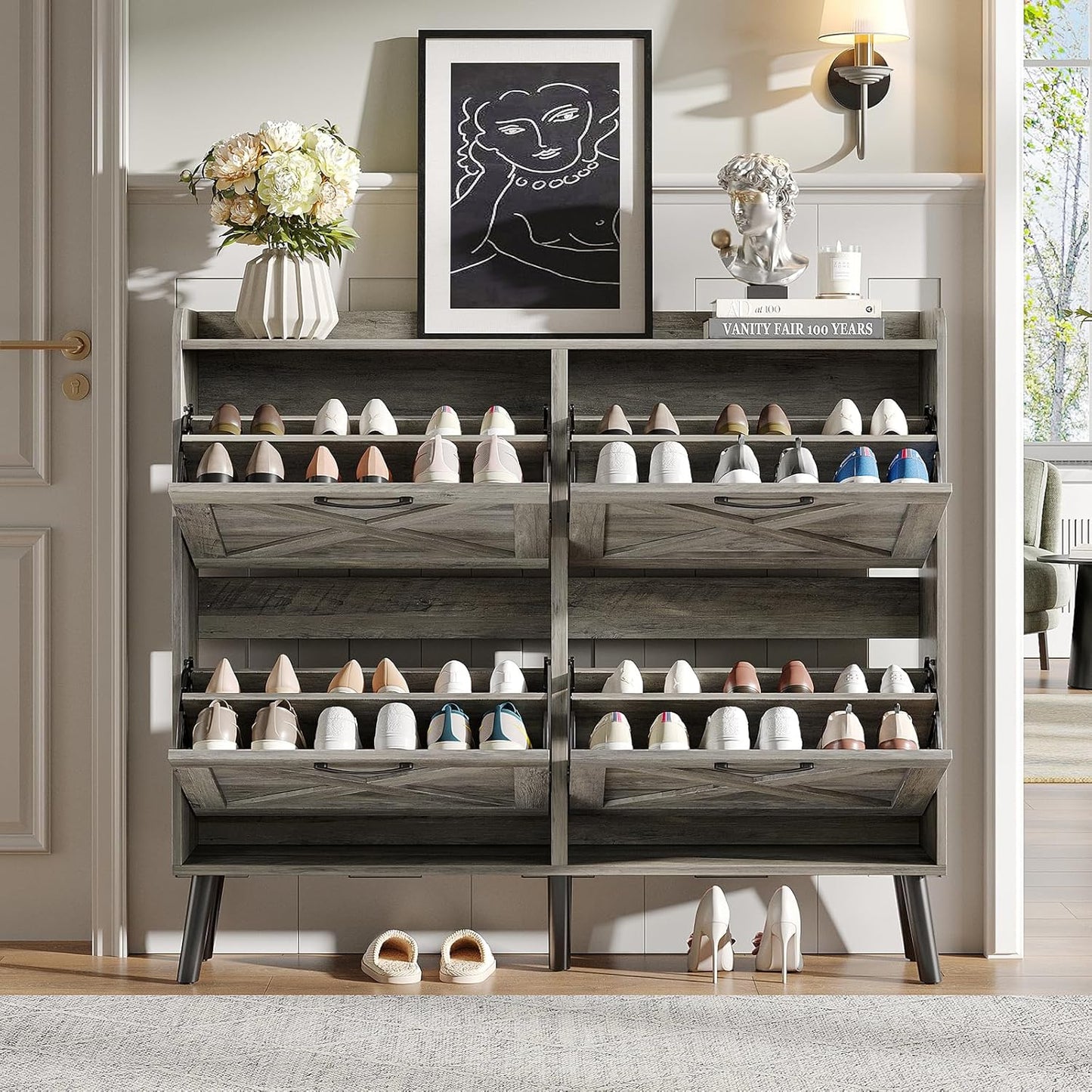 Maupvit Large Shoe Storage Cabinet with 4 Flip Drawers, Narrow Shoe Cabinet for Entryway with Wooden Legs, Freestanding Hidden Shoe Rack Organizer ＆ Metal Hinges, Washed Gray