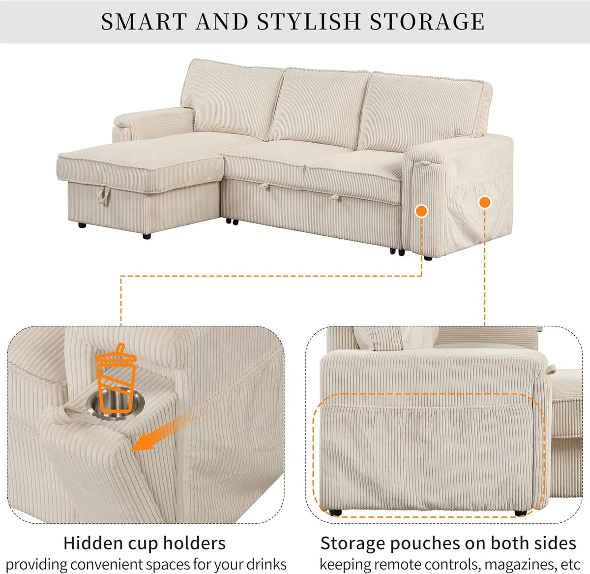 96.1 Inch L-Shaped Convertible Sectional Sleeper Sofa with Pull Out Bed, Storage Bags and 2 Hidden Cup Holders on Arms, Upholstered Corner Couch for Living Room Office Apartment, Beige