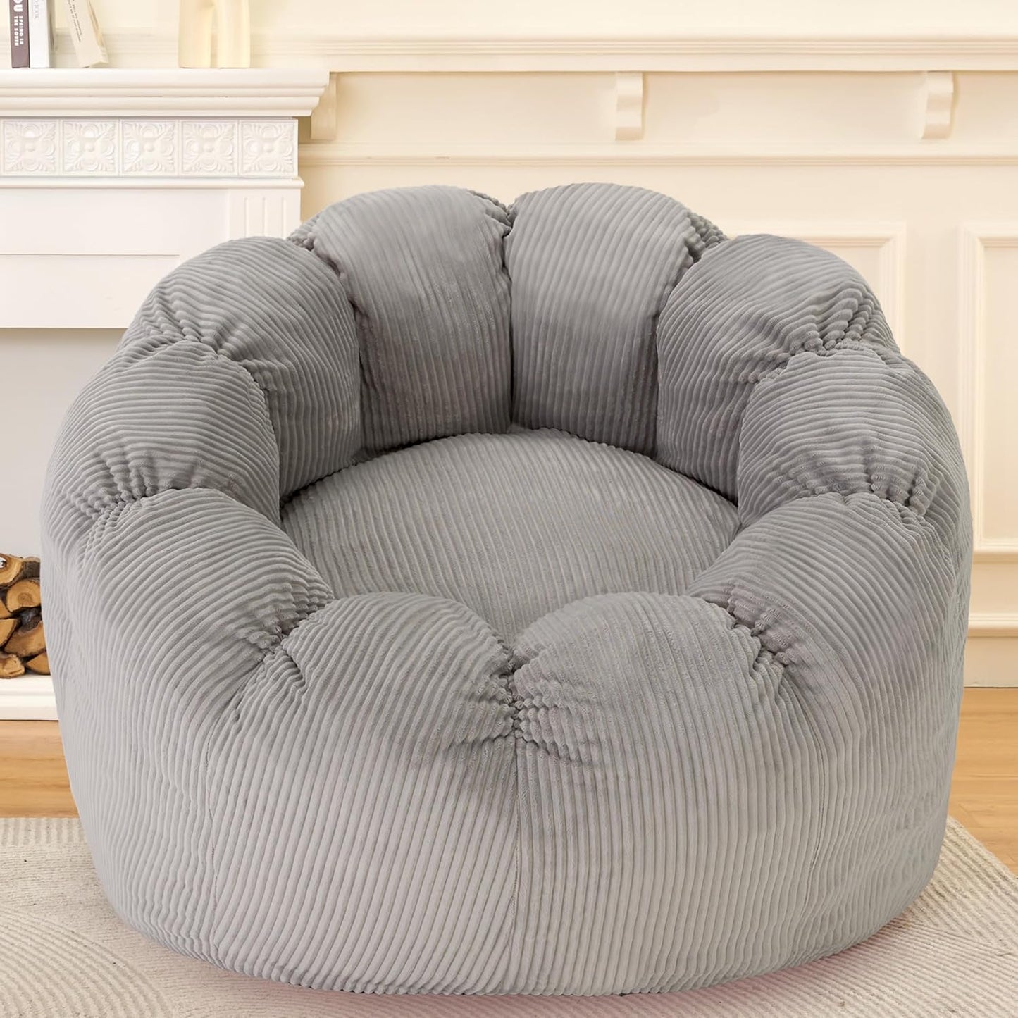 HABUTWAY Giant Bean Bag Chair for Adults/Kids/Teens, Pumpkin Bean Bag Couch Comfy Reading Chair for Bedroom, Corduroy Lazy Sofa Loughe Chair with Wider Seat Depth & Non-Slip Bottom(Grey)