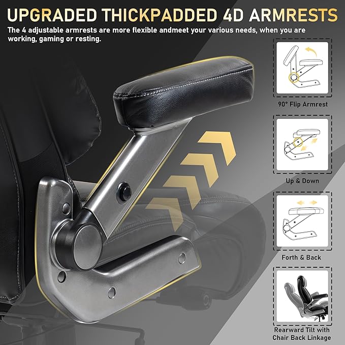 DYHOME 700LBS Heavy Duty Office Chair with 4d Armrest, Big and Tall Office Chair, Ergonomic Computer Chair with Airbag Lumbar Support, Wider Thicker Seat Cushion, PU Comfy Office Desk Chairs, Black