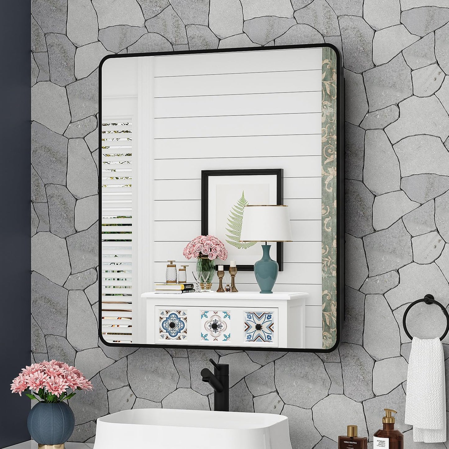 30x32 Inch Bathroom Medicine Cabinet with Mirror Black Metal Framed Mirror Cabinet Recessed or Surface Wall Mounted Medicine Cabinets for Bathroom