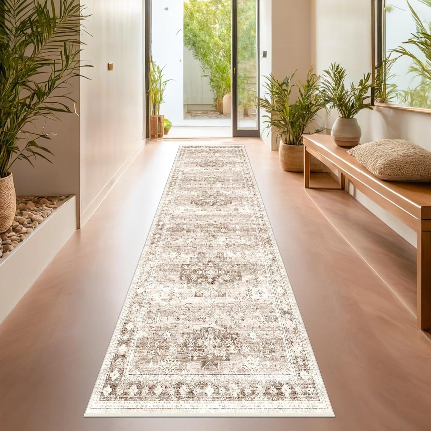 Non Slip Hallway Runner Rug - 2 x 10 Runner Rug, Washable & Waterproof Kitchen Floor Mat - Extra Long Neutral Farmhouse Boho Design Décor (2x10 Beige/Latte)