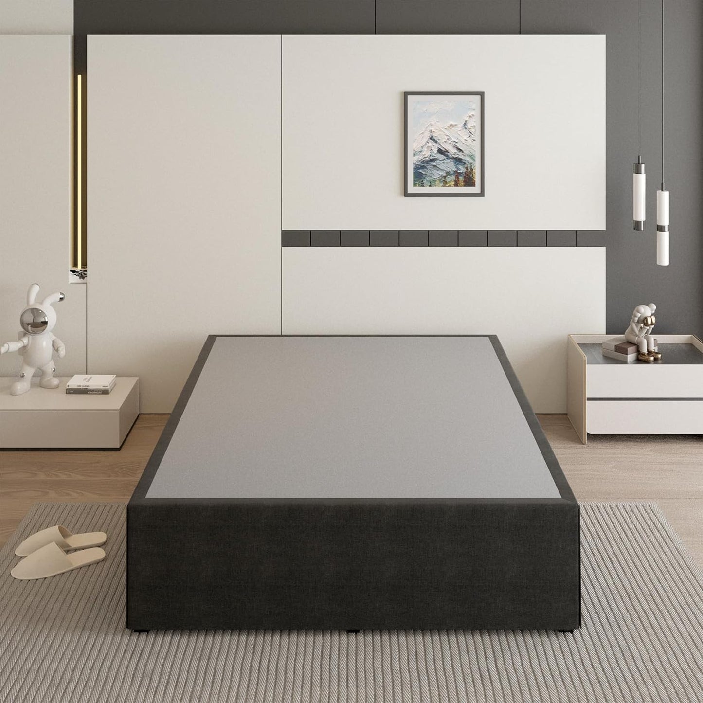 18 Inch Queen Bed Frame with Black Bed Cover, Metal Bed Frames Queen Size No Box Spring Needed, Heavy Duty Mattress Foundation, Easy Assembly, Noise Free