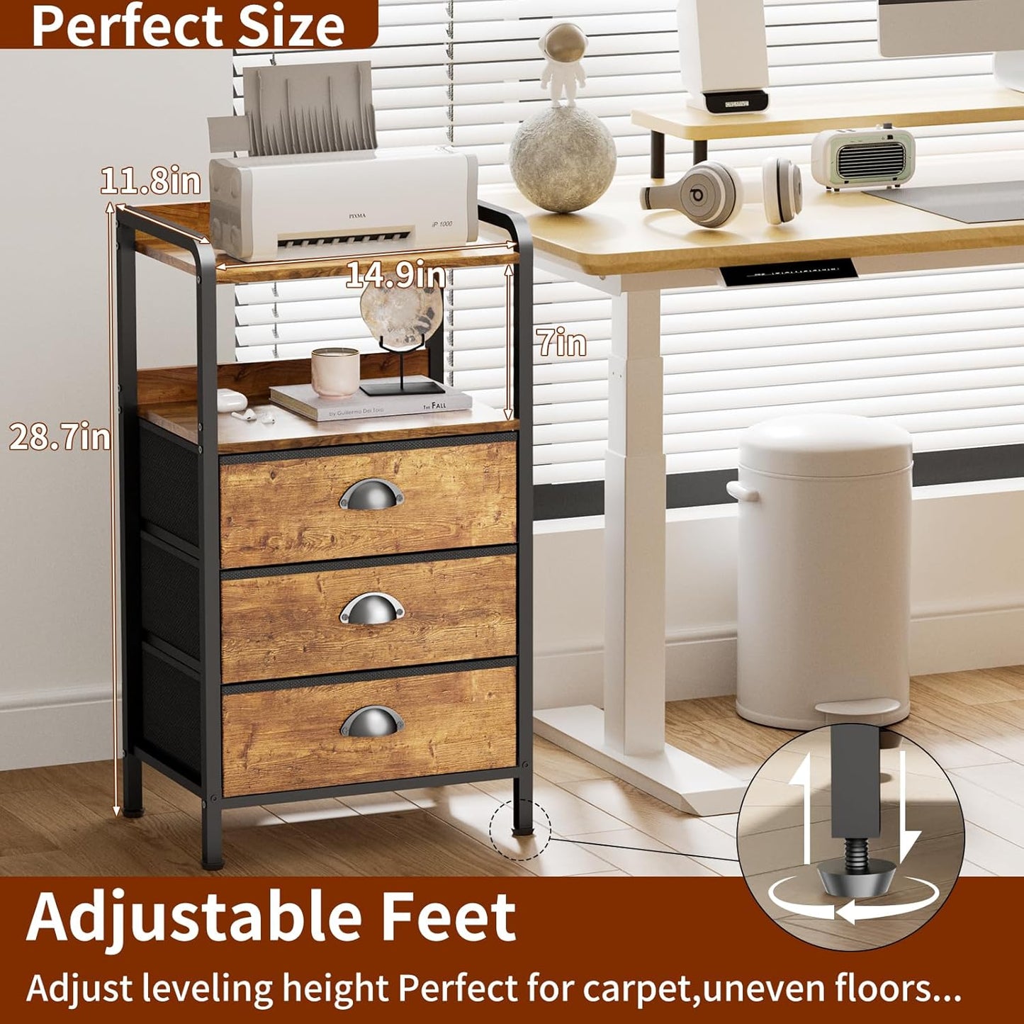Night Stand Bedside Storage Drawers Bed Side Table Drasser Organizer Nightstand with Shelf End Tables with 3 Chest Drawer Traditional Night Stands for Bedroom Living Room Dorm Rustic Brown