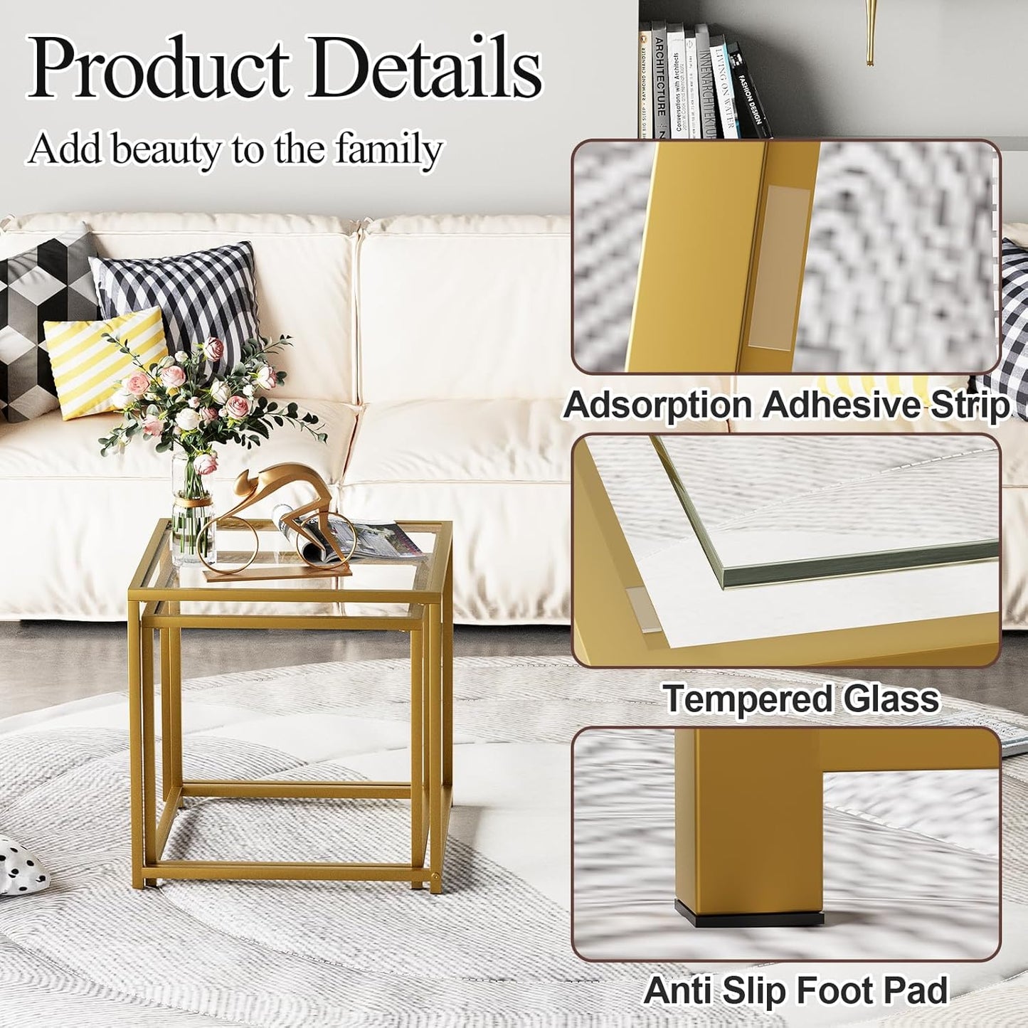 Garden 4 you Coffee Table Set of 2, Modern Glass Nesting Table, Metal Frame Square Center Table Set, Side Tables, Nesting Coffee Table for Living Room, Bedroom and Small Spaces, 19.7in Gold
