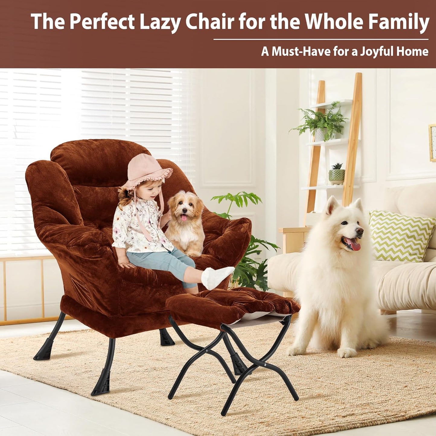 Lazy Chair with Folding Ottoman, Accent Chair Plush Upholstered with Metal Structure and Non-Slip Pads, Sofa Armchair with Footrest and Side Storage Bag for Dorm, Room, Office, Brown