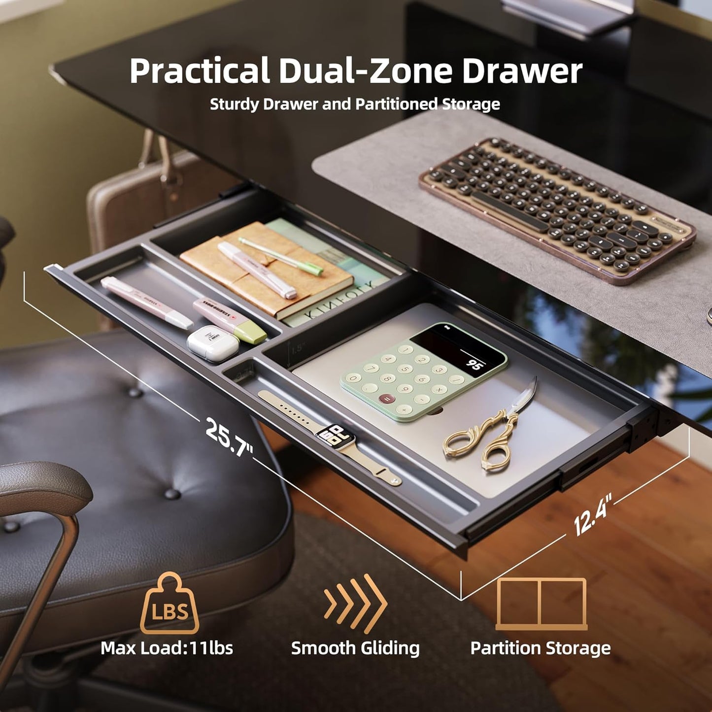 INNOVAR Glass Standing Desk with Drawers, 55×24 Inch Adjustable Stand Up Desk, Quick Install Home Office Computer Desk, Black