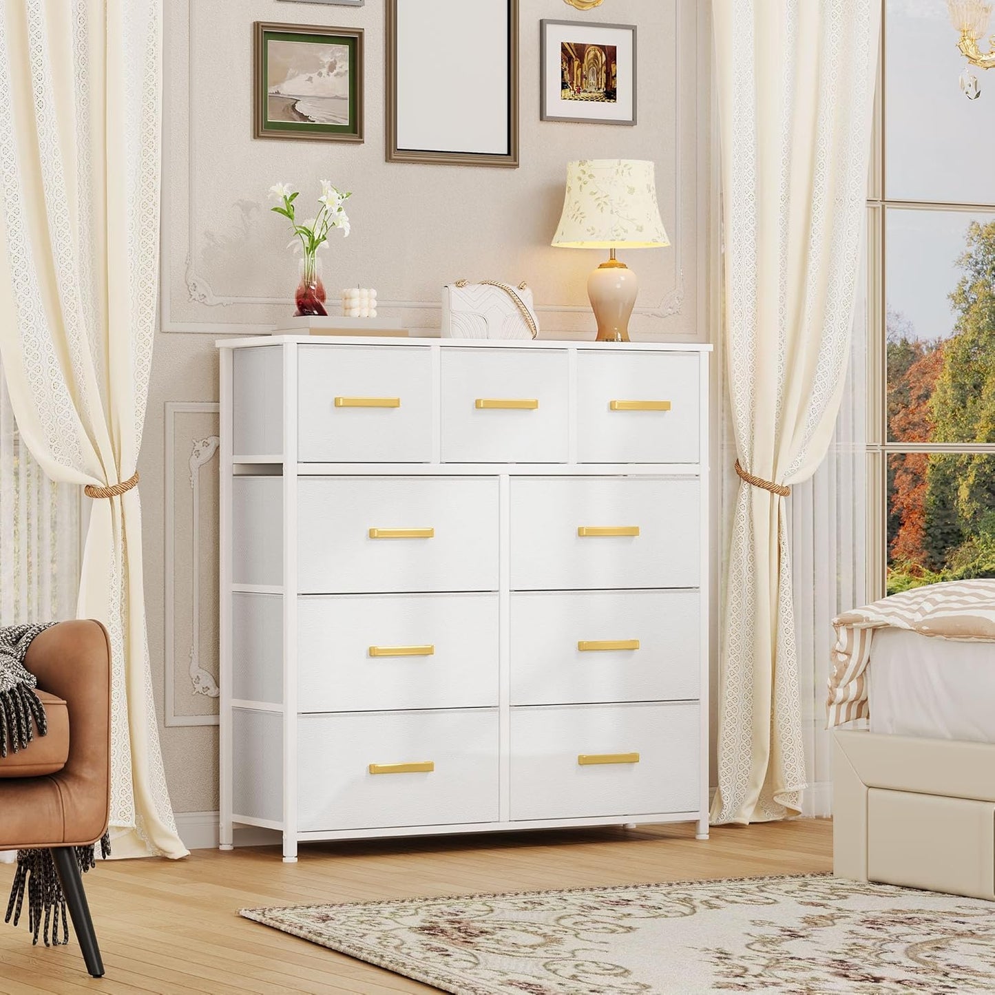 DWVO Dresser with 9 Drawers - Fabric Storage Tower, Organizer Unit for Living Room, Hallway - Sturdy Steel Frame, Wooden Top & Easy Pull Fabric Bins