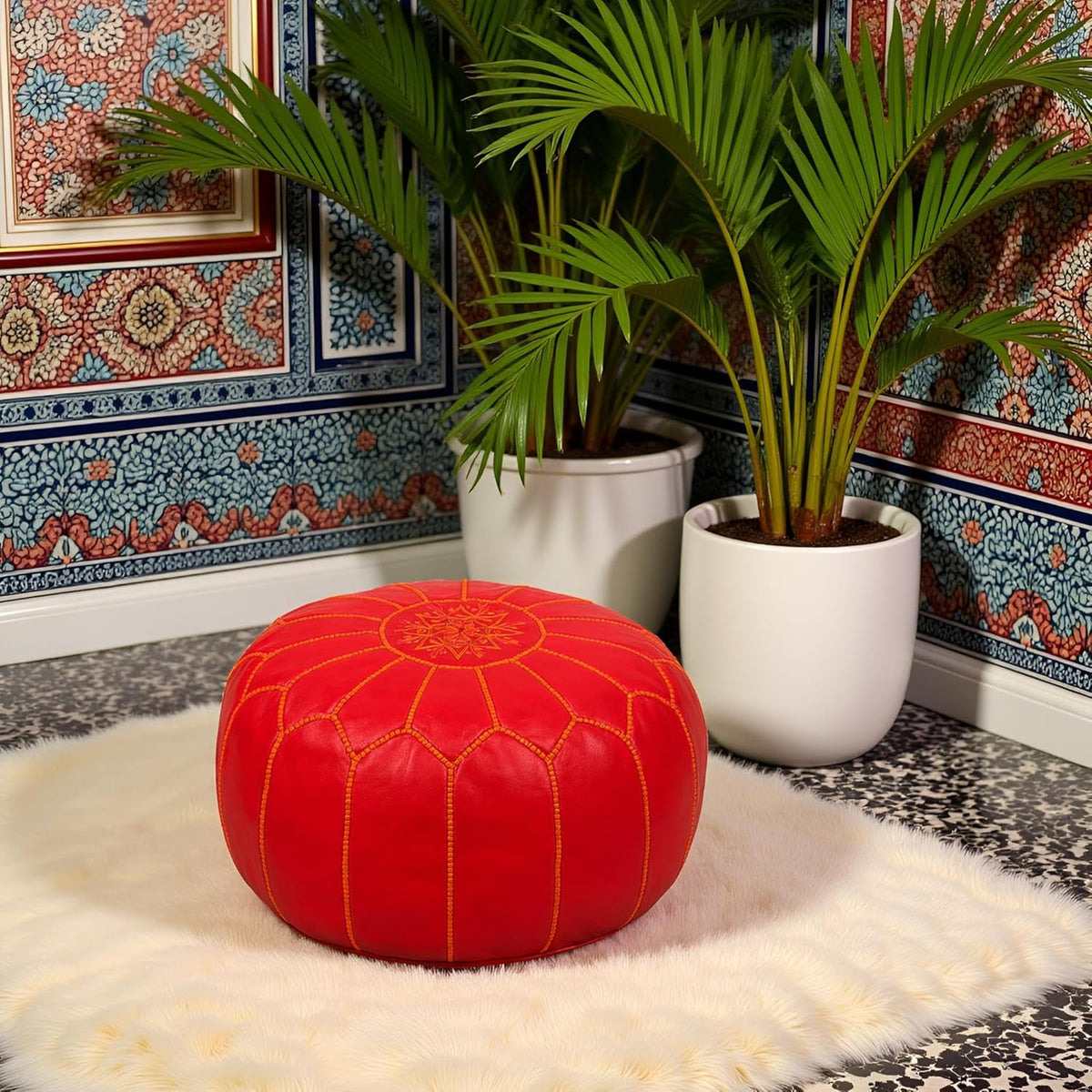 Stuffed Round Design Moroccan Leather Pouf Ottoman, Handmade, Pre-Filled, 100% Genuine Leather, 13” Height x 20” Diameter, Footstool & Living Room Décor (Orange)