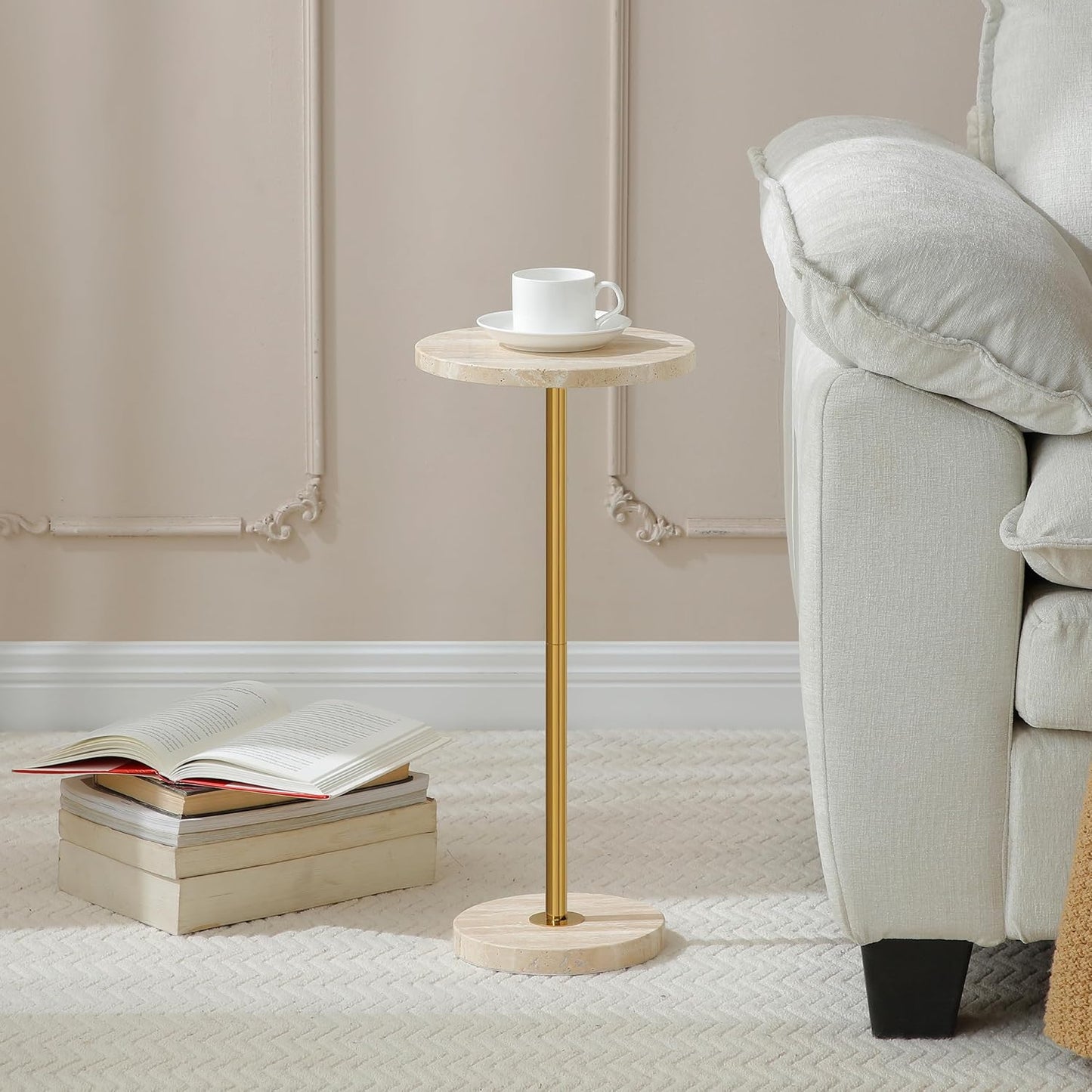 Φ9.8-inch Marble Round Drink Table, Stone Finish Pedestal End Table for Living Room, Weighted Base Small Accent Side Table for Small Space Office - Beige