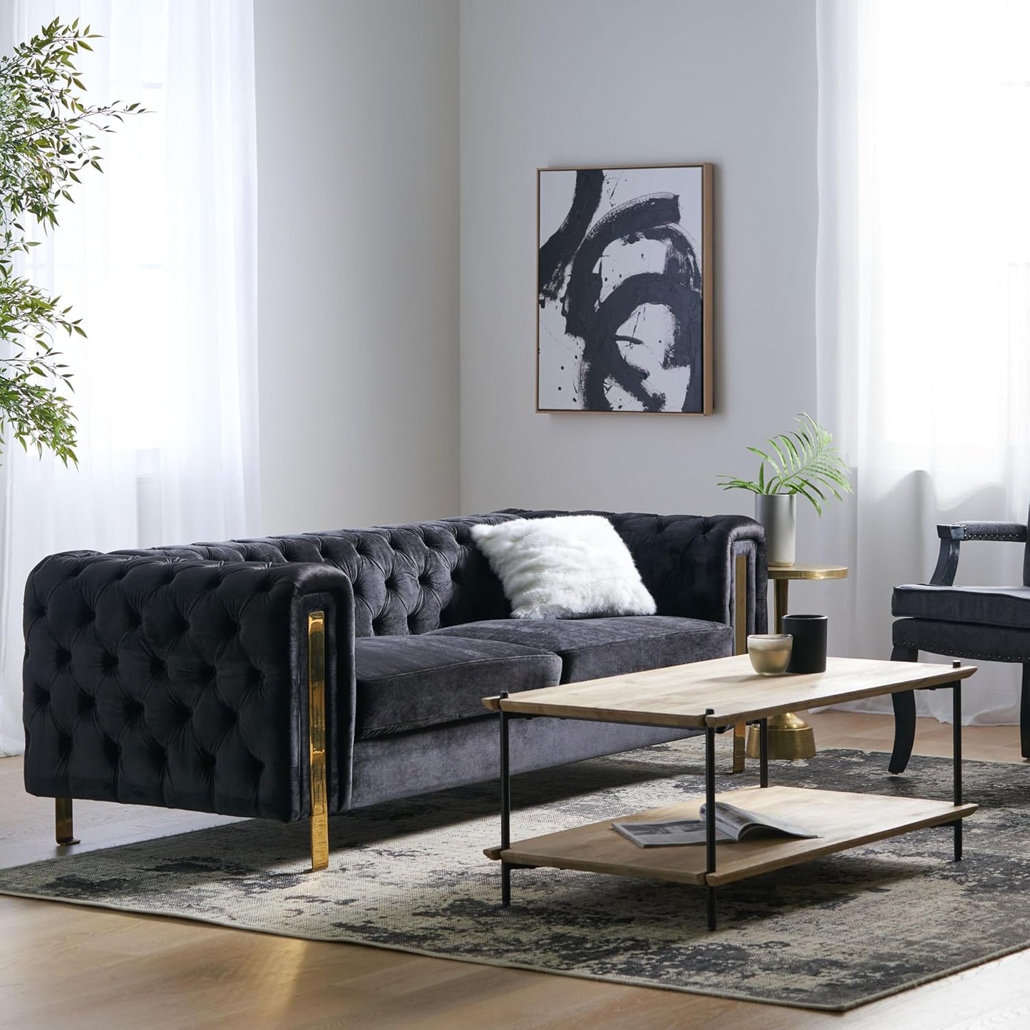 Merax Comfy 3-seat Sofa with Tufted Back and Arm and Gold Iron Legs, Modern Couch for Living Room, Bedroom, Apartment, Office, Black