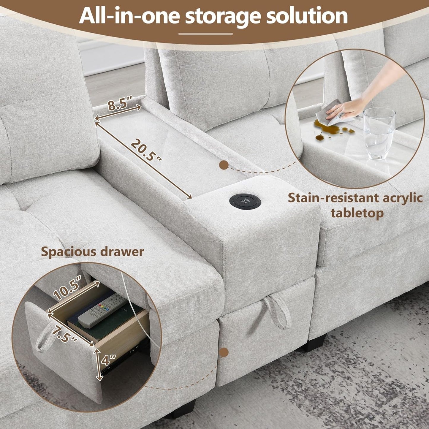 Merax 6 Seater Chenille Sectional Couches with 2 Acrylic Table Top Consoles, Upholstered Modular Tufted Sofa Chaise with Ottoman, Storage Drawers, Pockets, USB Charger & Cup Holders for Living Room