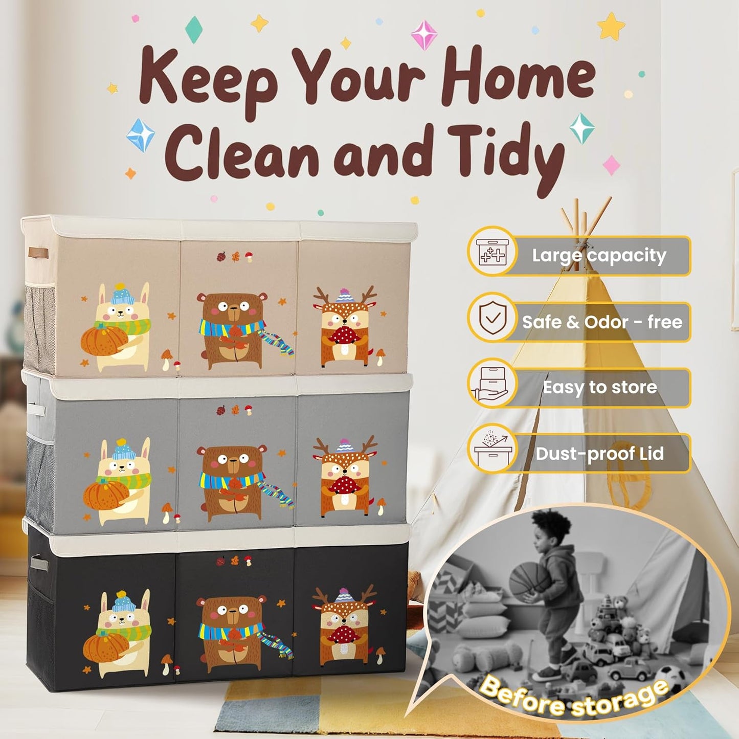 120L Large Toy Storage Box with Lid, Extra Large Toy Box Chest, Large Toy Box for Kids, Girls and Boys, Nursery Room and Living Room, 40"x13" x16" (Dark Khaki-animal)