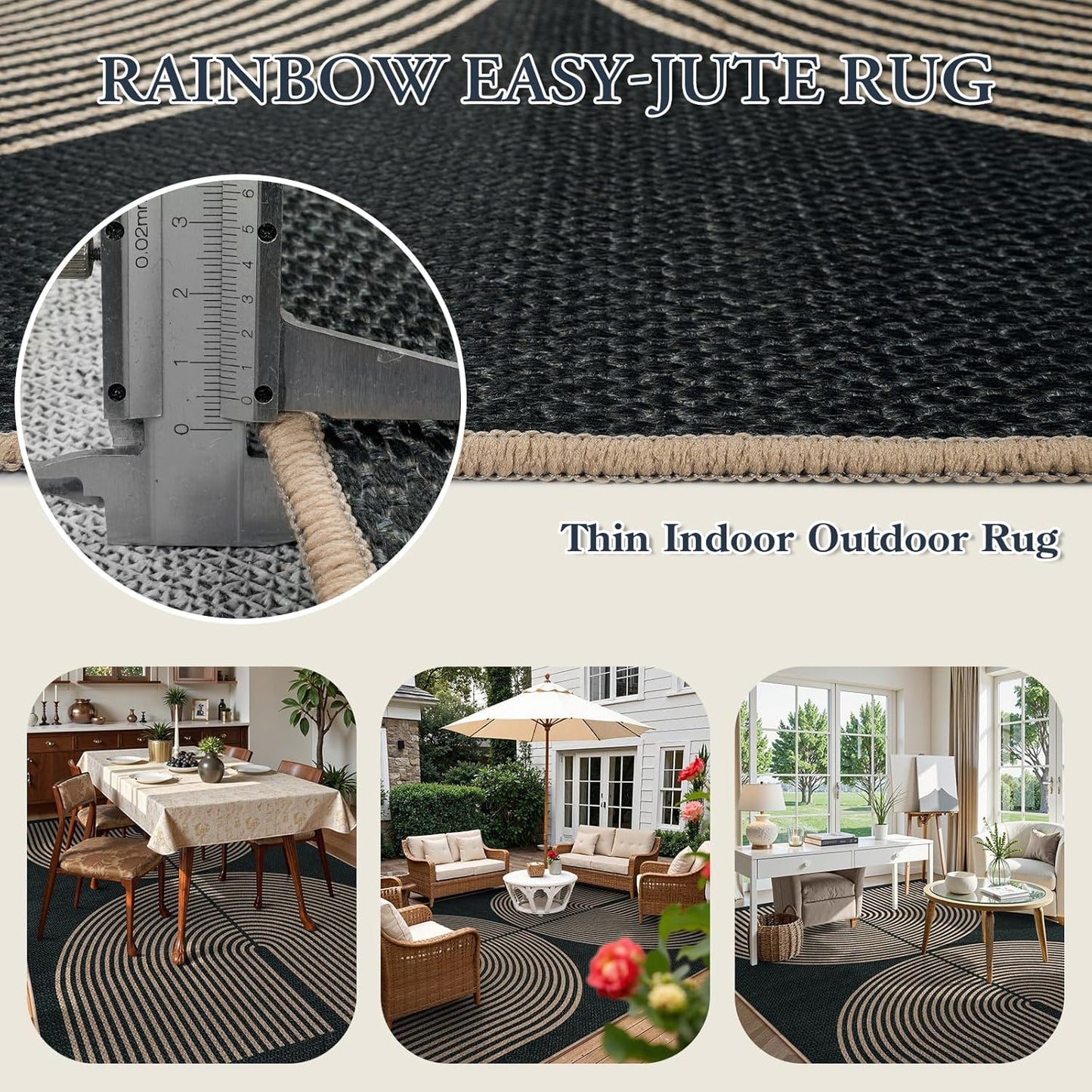 Lahome Modern Rainbow Easy Jute Outdoor Carpet, Washable Rugs 9x12 for Living Room Patio Large Farmhouse Indoor Outdoor Carpet, Contemporary Black Dining Room Rugs for Under Table Office Backyard