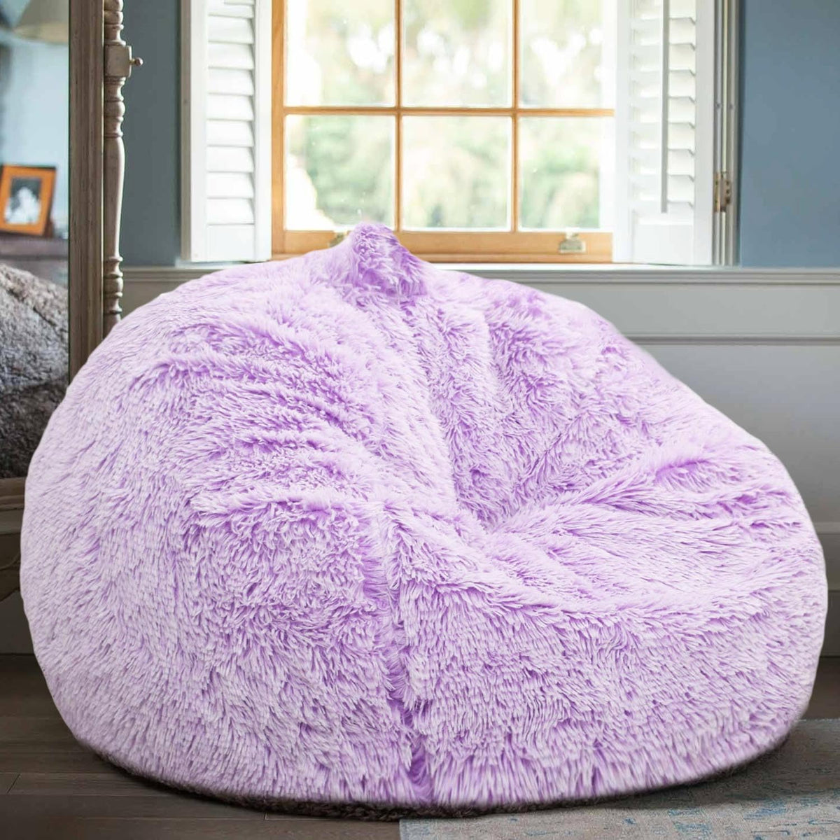 Fluffy Bean Bag Chair for Kids, 2.5FT Round Memory Foam Filled Bean Bag for Teens & Kids, Ultra Soft Faux Fur Fabric Bean Bag Chairs for Playroom, Living Room, Bedroom, Lavender