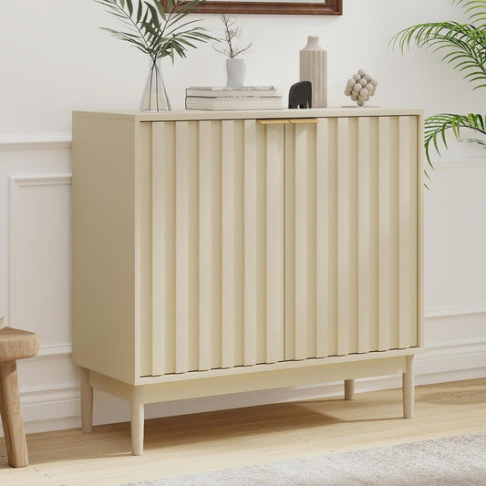 Fluted Cabinet with Storage, Buffet Cabinet Sideborad with Door, Kitchen Buffet Storage Accent Cabinets with Adjustable Shelves for Living Room, Entry, Hallway, Beige