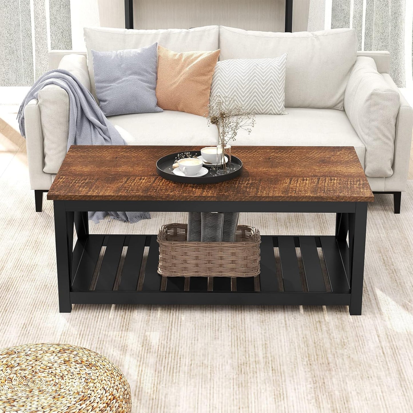 ChooChoo Black Coffee Table, Rustic Vintage Table with Shelf for Living Room, 40 Inch