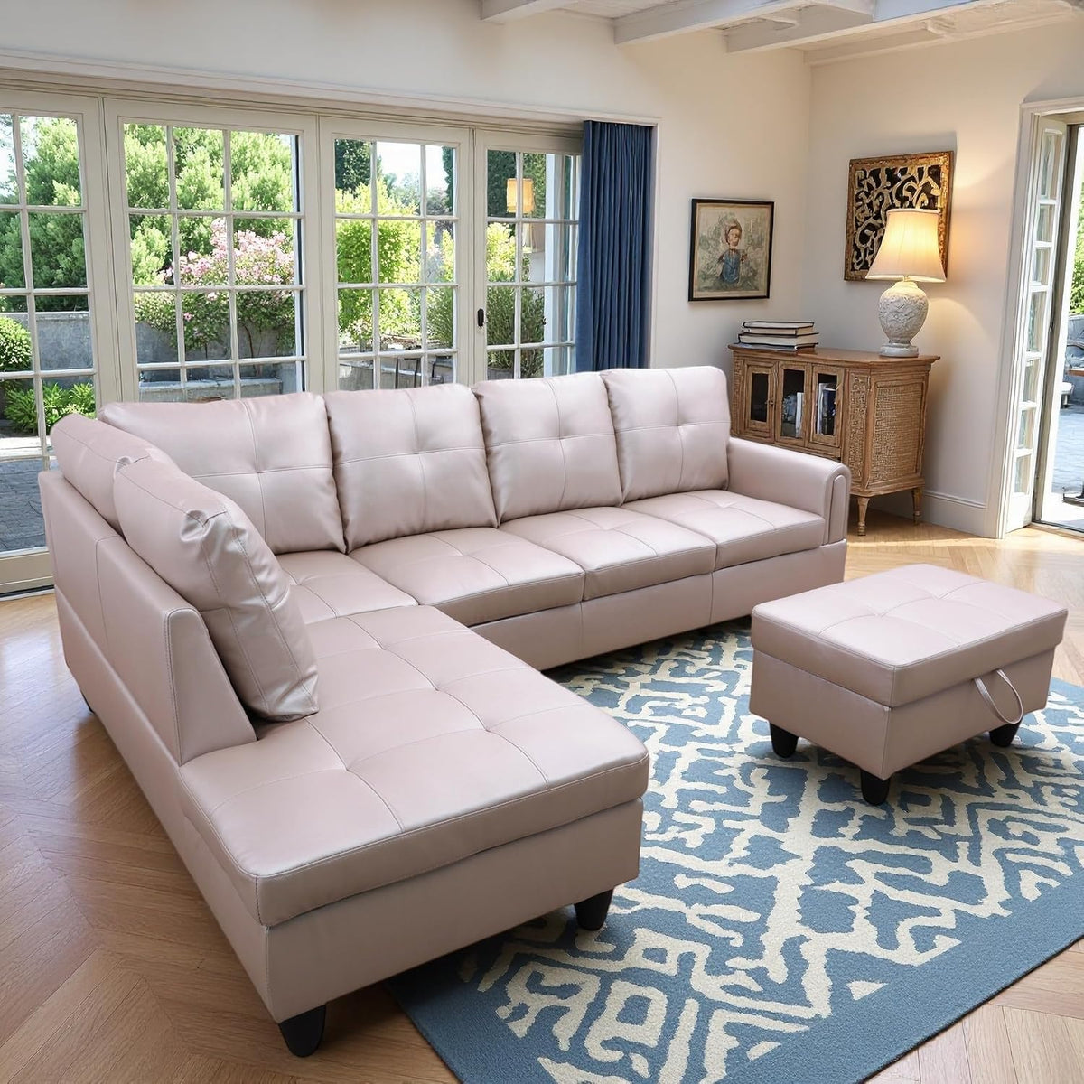 L-Shaped Sectional Sofa with Ottoman, Right-Facing Leather Modern Couch with Cup Holder for Living Room, Bedroom, Office, Persistent Pink