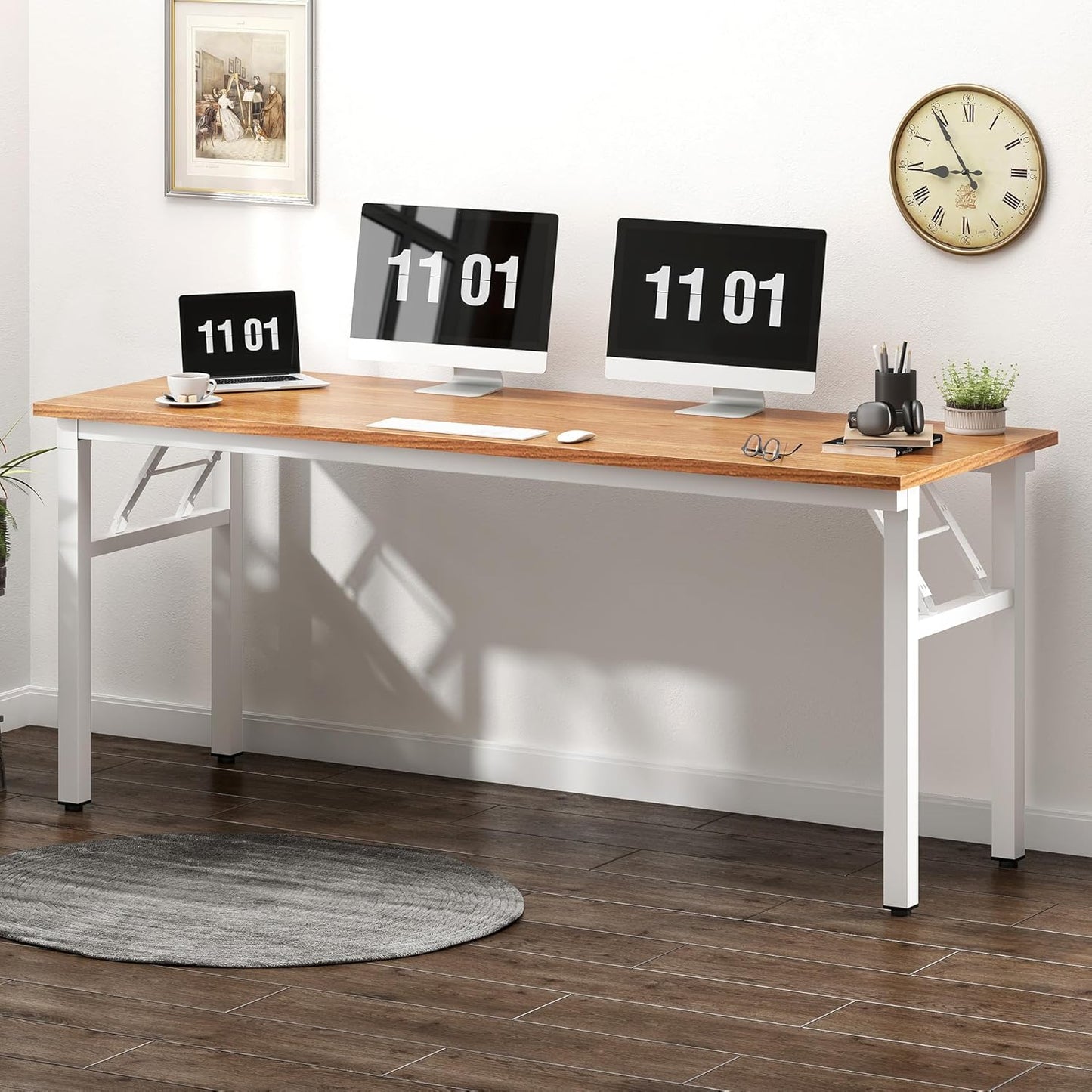 SDHYL 62 inches No Assembly Foldable Computer Desk for Home Office Workstation, Modern Large Folding Study and Writing Table with Metal Frame, Teak and White