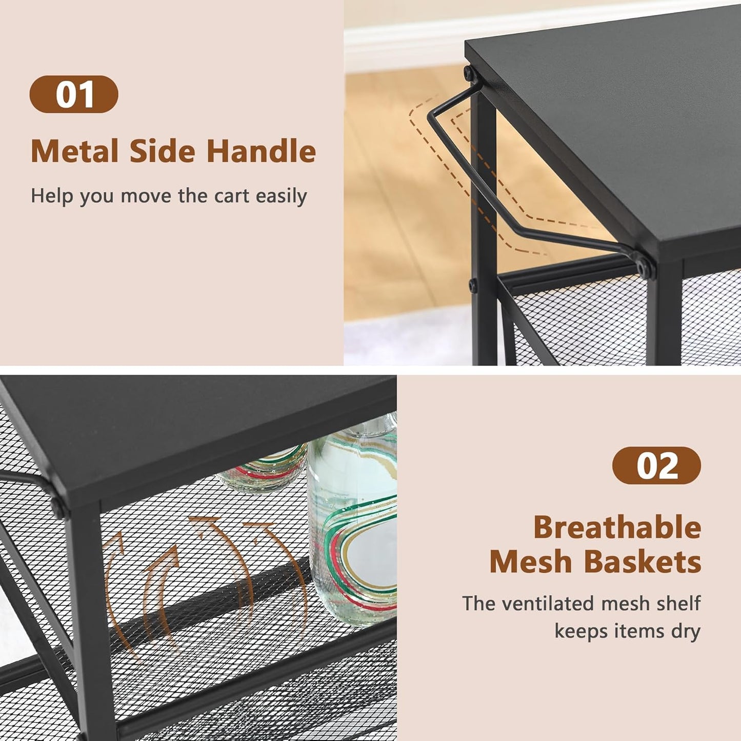 Hoctieon Rolling Storage Cart, 4-Tier Wide Panel Rolling Kitchen Storage Cart, Utility Cart with Handle & Wheels, Mobile Shelving Unit, Metal Frame Narrow Cart for Home Kitchen, Laundry, Black