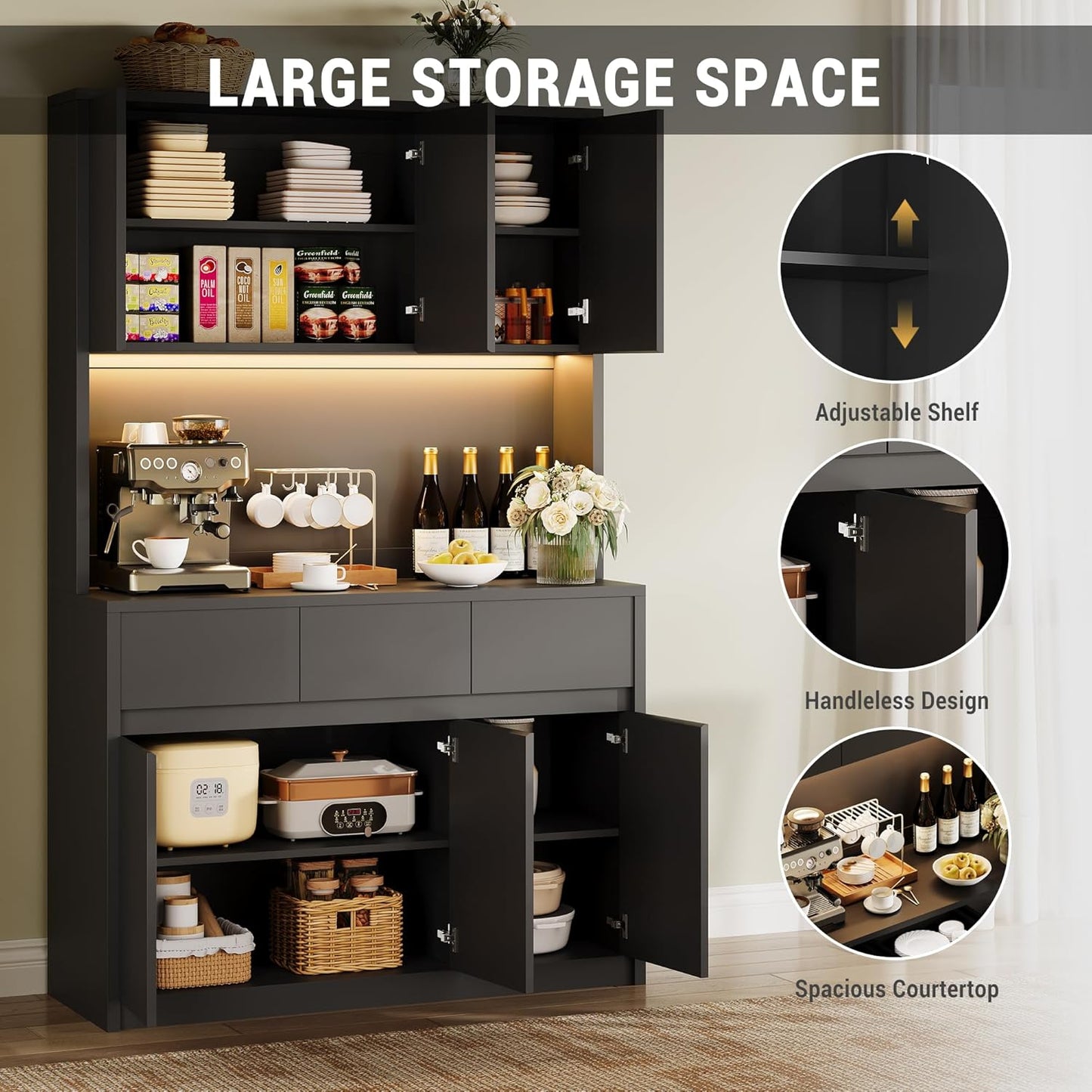 Garvee Kitchen Pantry Storage Cabinet, Tall Storage Cabinet with Doors and Shelves, Kitchen Storage Hutch with Microwave Stand, Led Lights and Charging Station,Corner Pantry Cabinet,Black