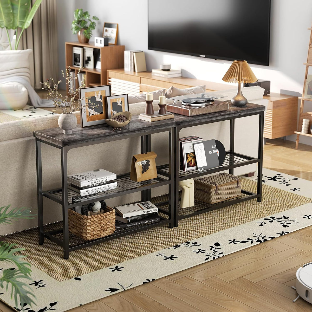 32" Small Console Table, 3-Tier Entryway Table, Sofa Table with Mesh Shelves, Console Tables for Living Room, Bedroom, Hallway, Entryway, Foyer, Grey