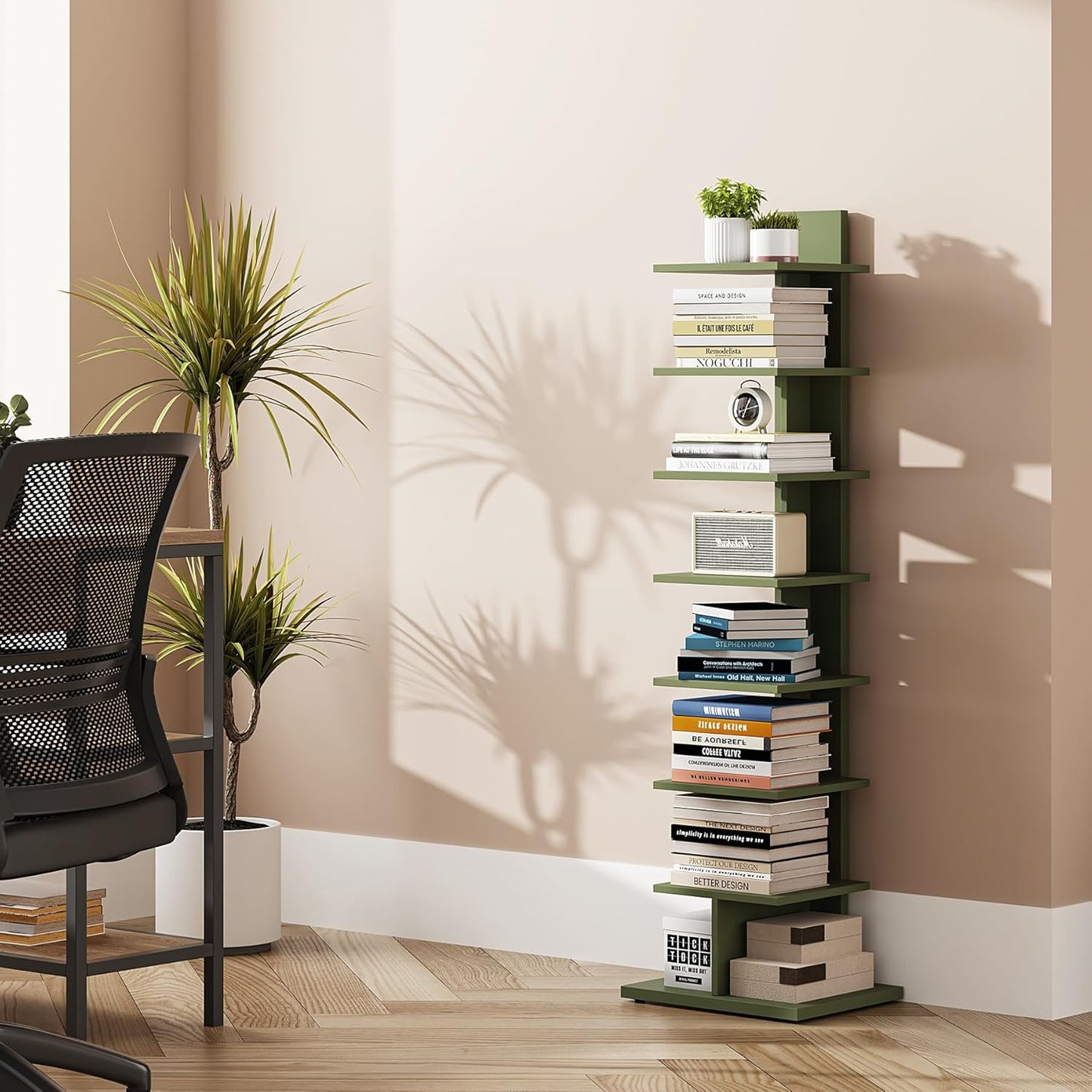 TUTOTAK Bookshelf, 8-Tier Bookcase, Narrow Spine Book Shelf for Small Space, Corner Standing Shelf for Living Room, Office, Study, Entryway, Olive Green BS06BOG008