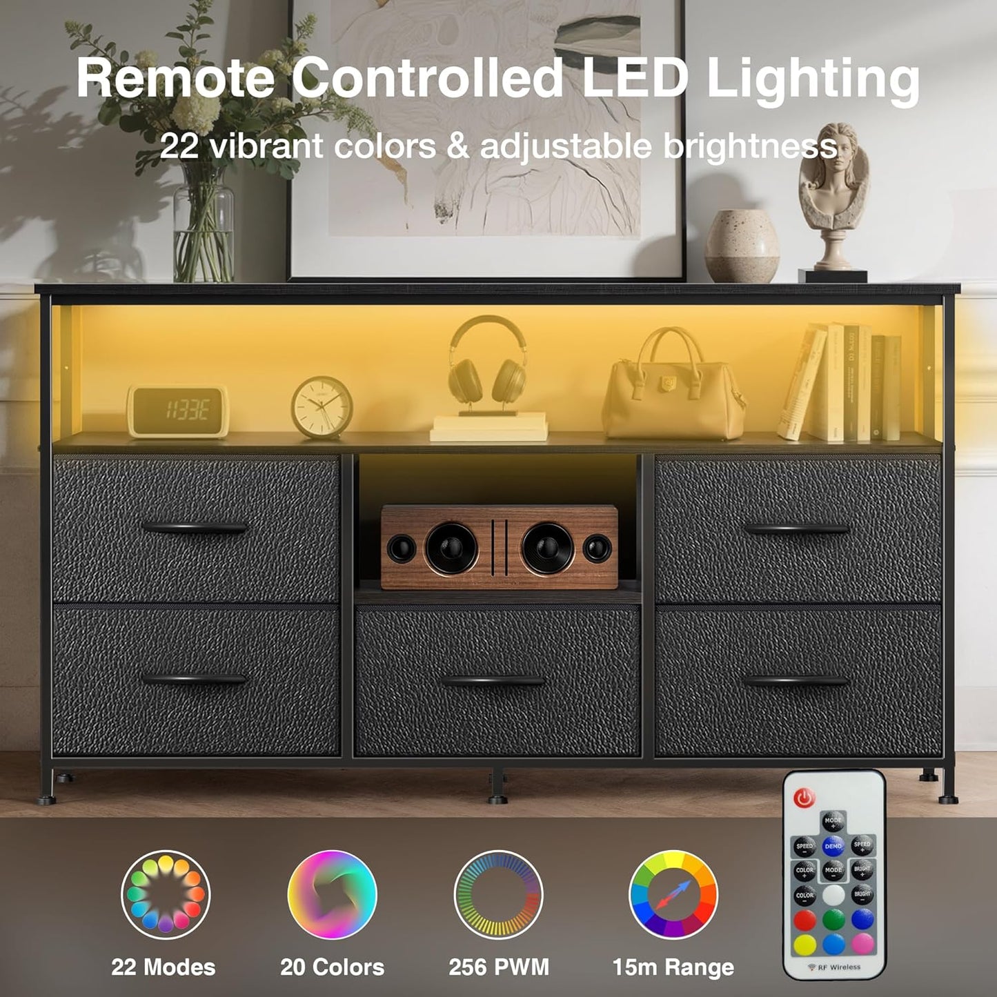 TV Stand for Bedroom, 47 Inch Dresser TV Stand for 43, 50, 55 Inch TVs, 5 Drawers Entertainment Center with Storage, LED Lights & Power Outlets, Media TV Console Table for Living Room, Black