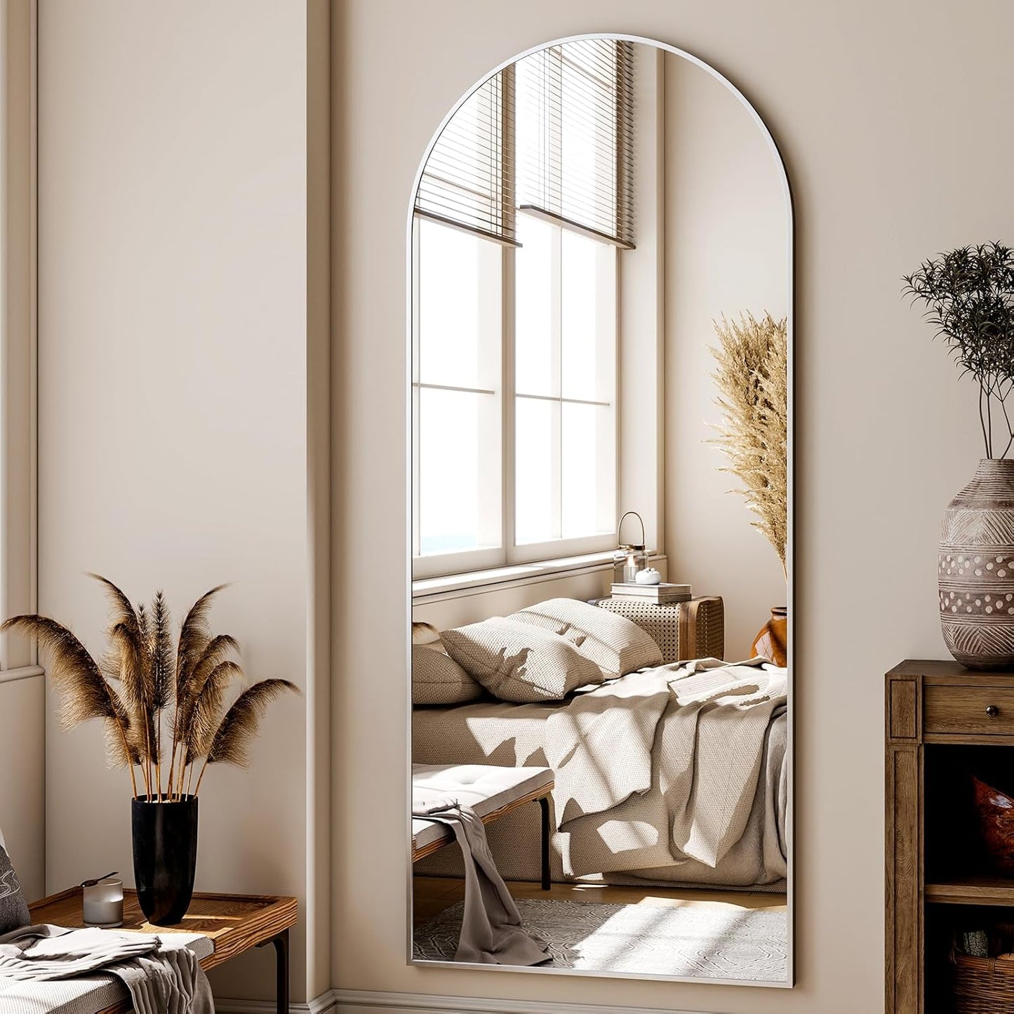 56"x21" Floor Full Length Mirror Standing Full Body Rounded Corner Rectangle Mirrors with Stand Hanging Wall Mounted Leaning Bedroom Living Room Bedroom Cloakroom