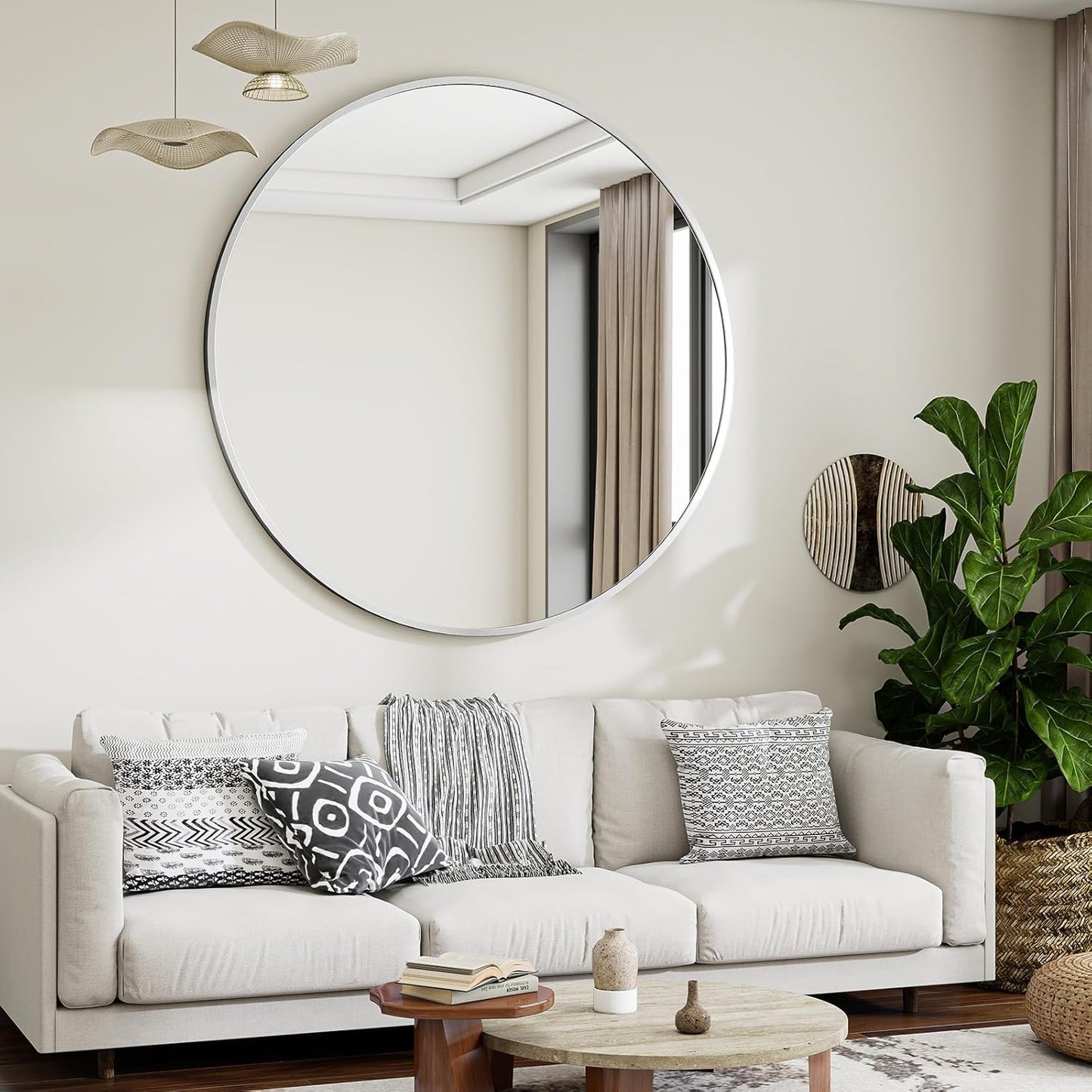 Silver Round Bathroom Mirror, 48 inch Large Circle Wall Mounted Hanging Mirror with Simple Modern Circular Metal Frame for Hallway, Entryway, Living Room, Silver Frame