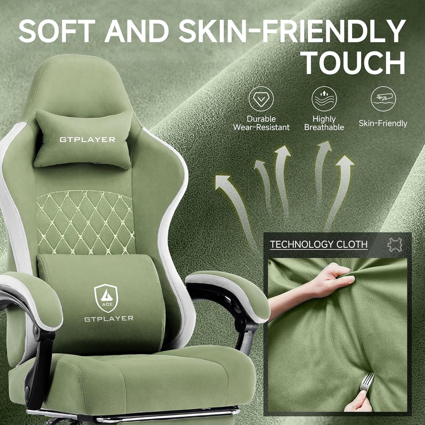GTPLAYER Office Chair, Gaming Computer Desk Fabric Chair with Footrest, High Back Ergonomic Office Chair with Pocket Spring Lumbar Support and Linkage Armrests Adjustable Height Swivel for Home Task