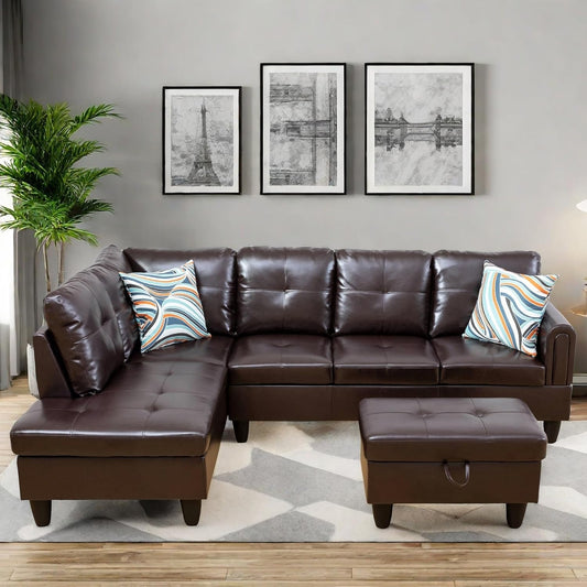 Convertible Leather Sectional Couch, Modern L Shaped Couch with Storage, Large Modular 5-Seat Sectional Sofa with Ottomans for Living Room and Office, Brown