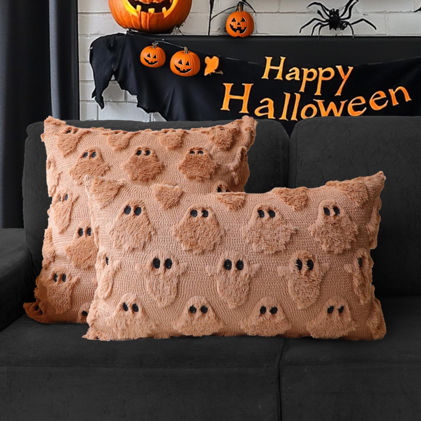 4TH Emotion Halloween Ghost Decorative Pillow Covers 18x18 Set of 2, Light Brown Soft Plush Faux Fur Farmhouse Throw Cushion Cases for Fall Autumn Holiday Home Decorations