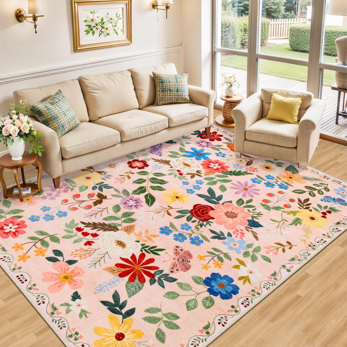 Area Rug Living Room Rugs: Floral 4x6 Washable Rug Vintage Soft Boho Non-Slip Carpet Indoor Floor Stain Resistant Large Carpets for Bedroom Dining Room Farmhouse Nursery Hallway Home Office Beige